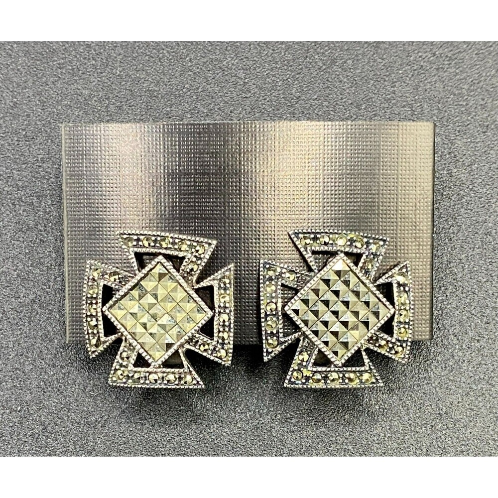Sterling Silver Marcasite Maltese Cross Stud Earrings Vintage